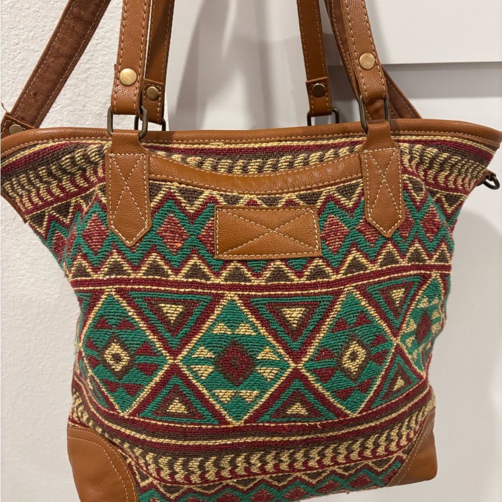 Myra Bag Brown and Green Geometric Tote